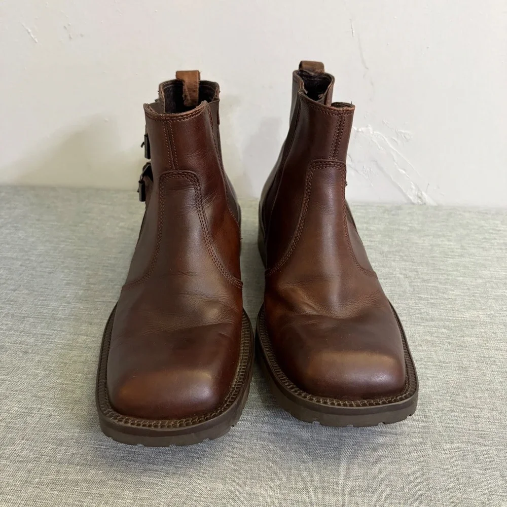 Kenneth Cole Reaction Boots Mens 7.5 Brown Leather Square Toe Buckle Y2K Chelsea